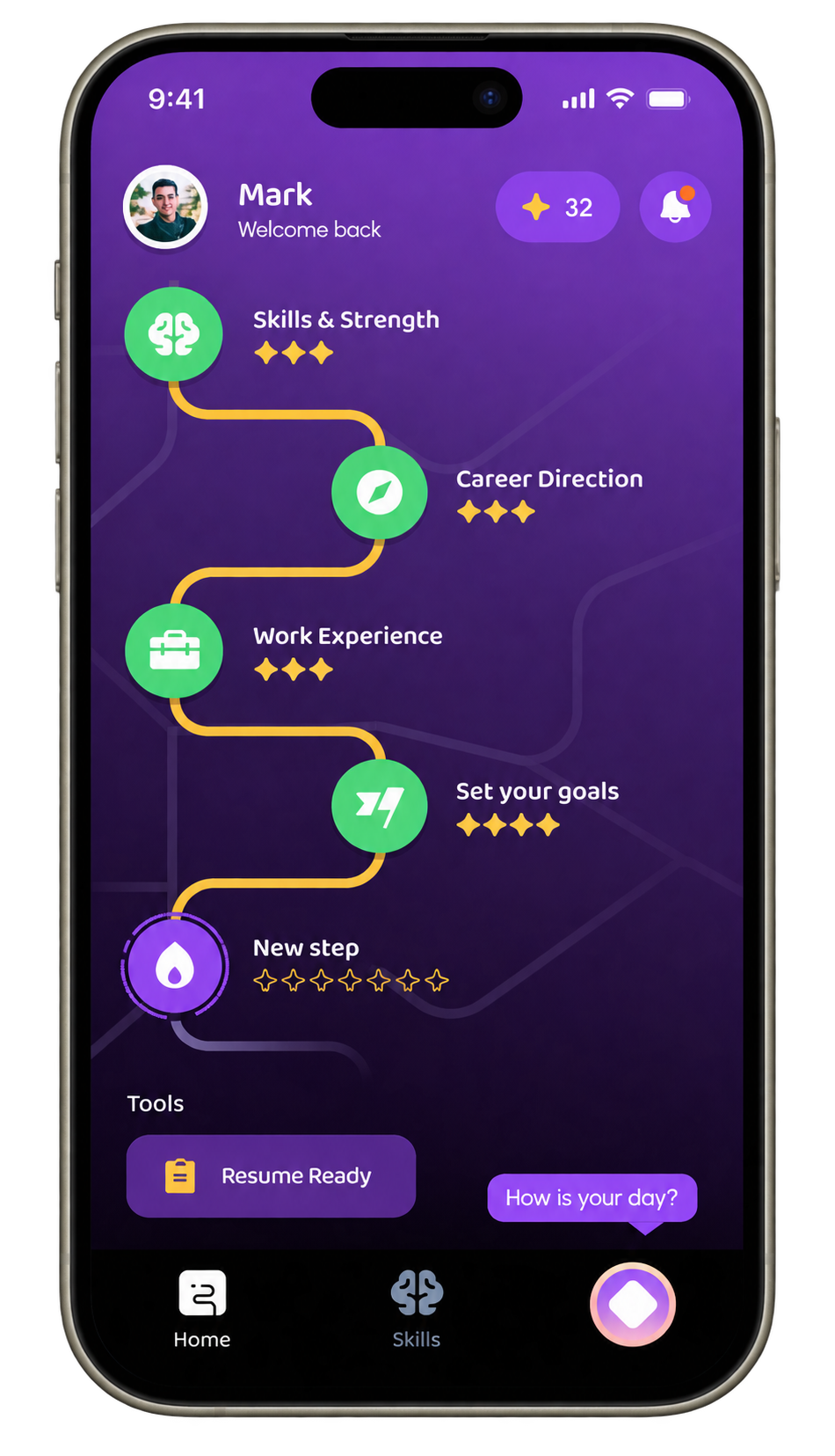 The CareerLight student app showing a personalized career path: Skills & Strength, Career Direction, Work Experience, Set your goals and a highlighted new step, with a Lights balance.