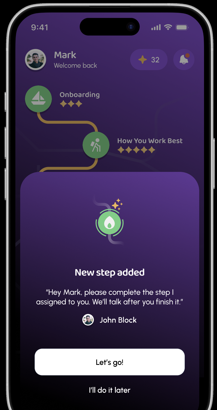 The CareerLight student app showing a message from PCI advisor John Block: “New step added — please complete the step I assigned to you. We’ll talk after you finish it.”